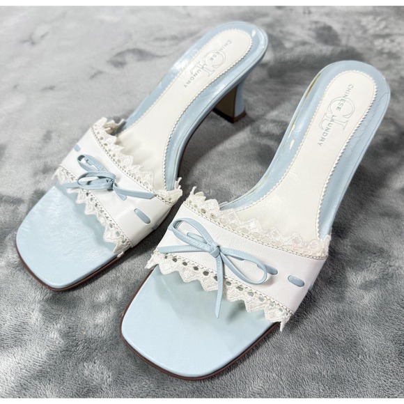 Chinese Laundry Shoes - Chinese Laundry Jove Shoes Womens Size 8 Blue Mule Heels Lace Bow Open Toe